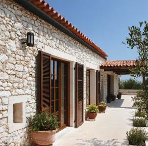 Représentation d'une maison méditerranéenne traditionnelle conçue pour une isolation thermique optimale. La structure présente des murs épais en pierre naturelle, des toits en tuiles de terre cuite et des volets en bois massif.