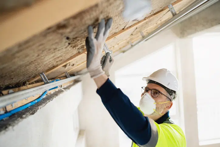 A professional worker in protective gear installing insulation in a residential building's attic, ensuring enhanced energy efficiency and proper thermal regulation.